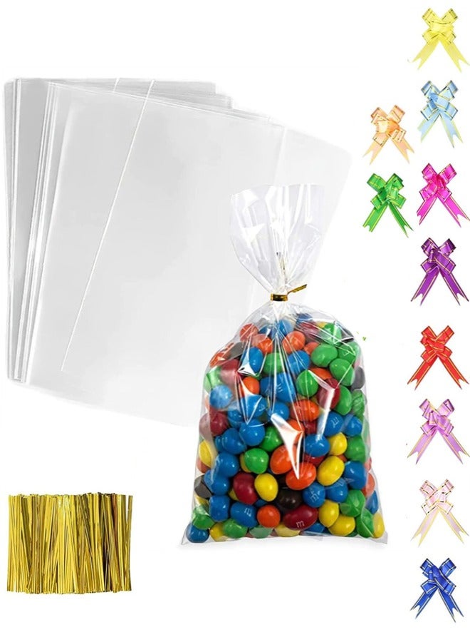 100 Pcs Cellophane Bags, Clear Cello Gift Bags, 100 Pcs Treat Bags with Twist Ties and Ribbons Bows, Party Favor Candy Bags for Bakery, Popcorn, Cookies, Candies, Dessert, 18*25cm  - Image 1