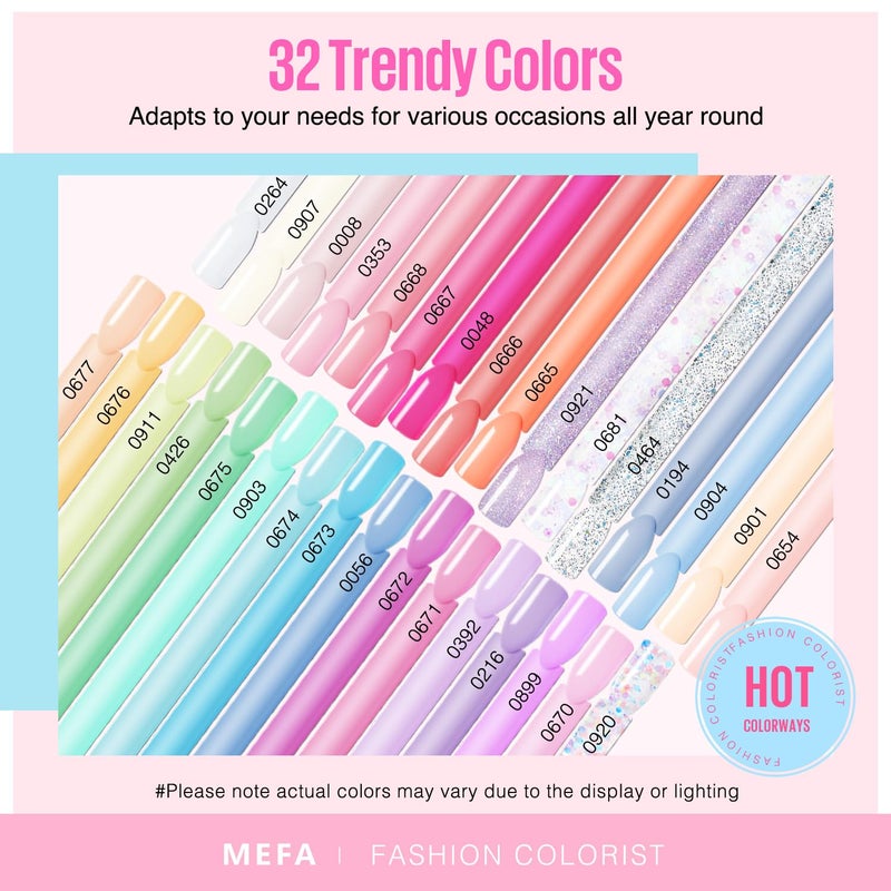 MEFA 32 Colors Gel Nail Polish Kit with U V Light, Spring Gel Nail Kit Pastel Pink Blue Glitter Gel Nail Polish Set Manicure Tool Nail Art Decorations Gift - Image 3