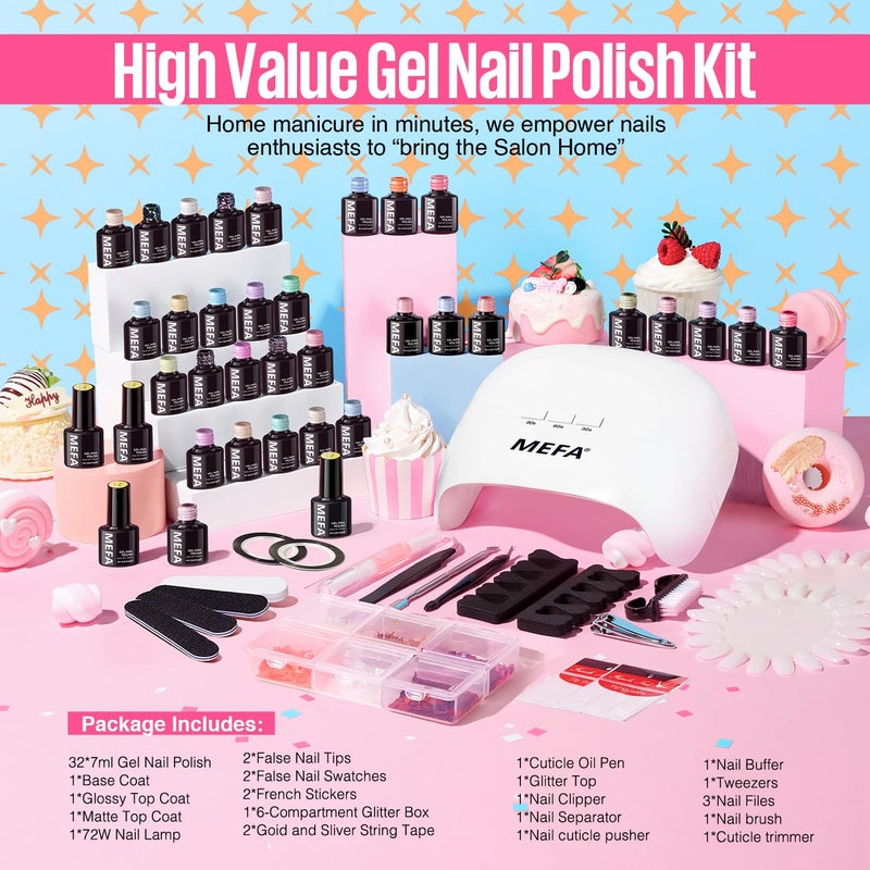 MEFA 32 Colors Gel Nail Polish Kit with U V Light, Spring Gel Nail Kit Pastel Pink Blue Glitter Gel Nail Polish Set Manicure Tool Nail Art Decorations Gift - Image 5