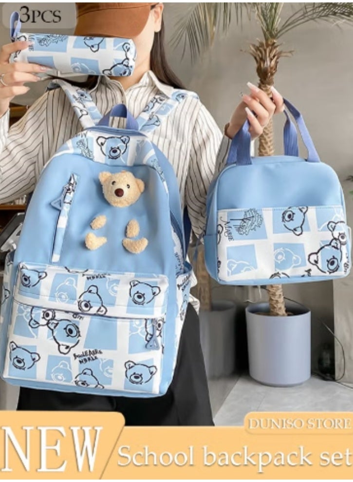 DUNISO Fresh Blue Bear Schoolbag 3 - Piece Set | Cute Charms, Practical and Eye - Catching - Image 1