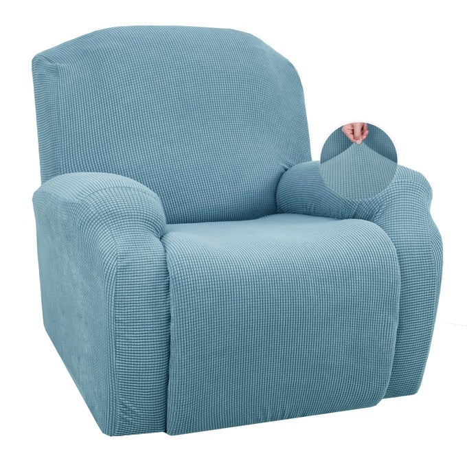 SUPER STRETCH RECLINER CHAIR COVERS 4 PIECES SOFA SLIPCOVER FOR RECLINING CHAIR SPANDEX SOFT RECLINER SLIPCOVER WITH POCKETS RECLINER FURNITURE PROTECTOR RECLINER LIGHT BLUE