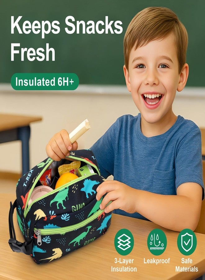 Bagseri Kids Snack Bag Boys - Reusable and Insulated Lunch Bag for Boys, Small Collapsible Snack Containers with Buckle Handle for School and Daycare, Black Dinosaur - Image 2