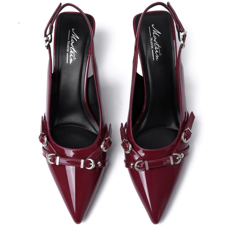 Mostrin Red Heels for Women Slingback Burgundy Kitten Heels Pointed Toe Pumps Patent Leather Low Heel Dressy Shoes for Dating Party Working Size 6 - Image 5