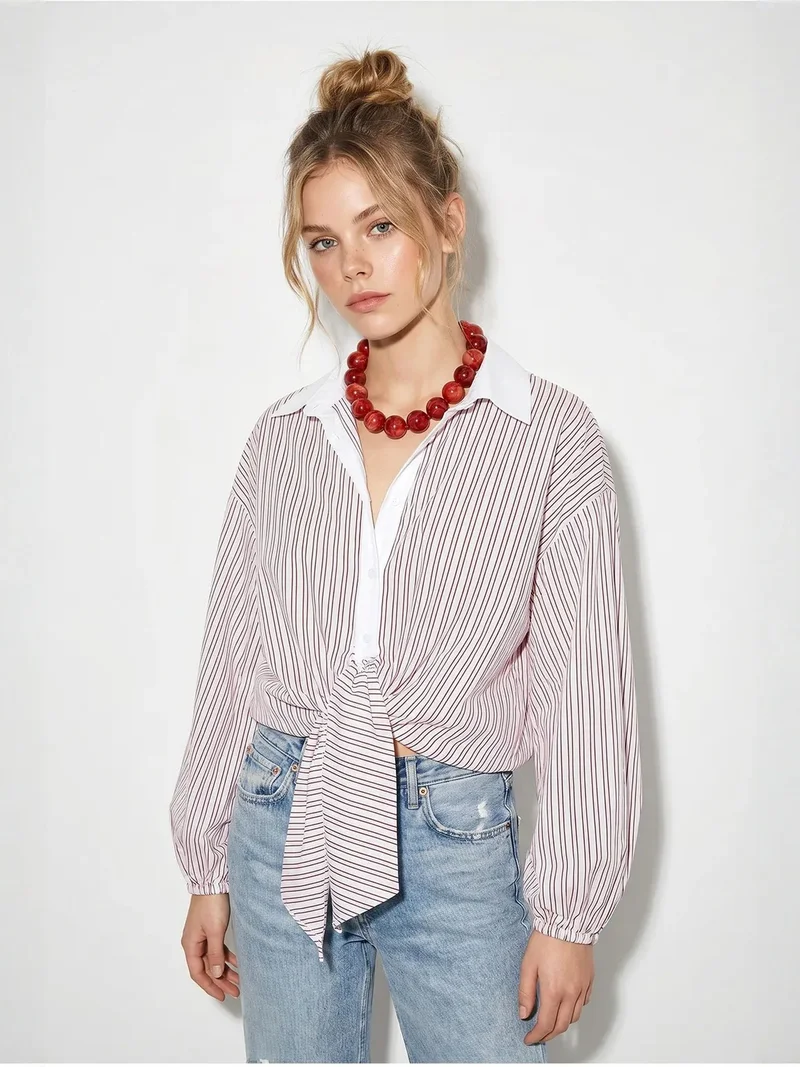 بيانكو لوتشي LUCCI Oversized Striped Poplin Shirt With Tie Detail