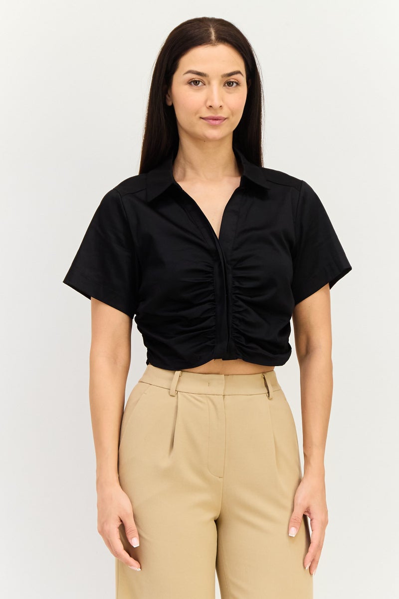 FOREVER 21 بلوزة نسائية بأكمام قصيرة وياقة مفتوحة، سوداء - Image 1