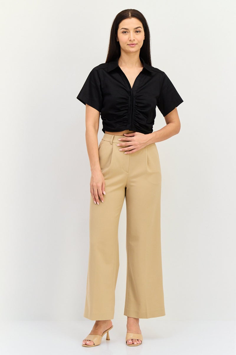 FOREVER 21 بلوزة نسائية بأكمام قصيرة وياقة مفتوحة، سوداء - Image 3