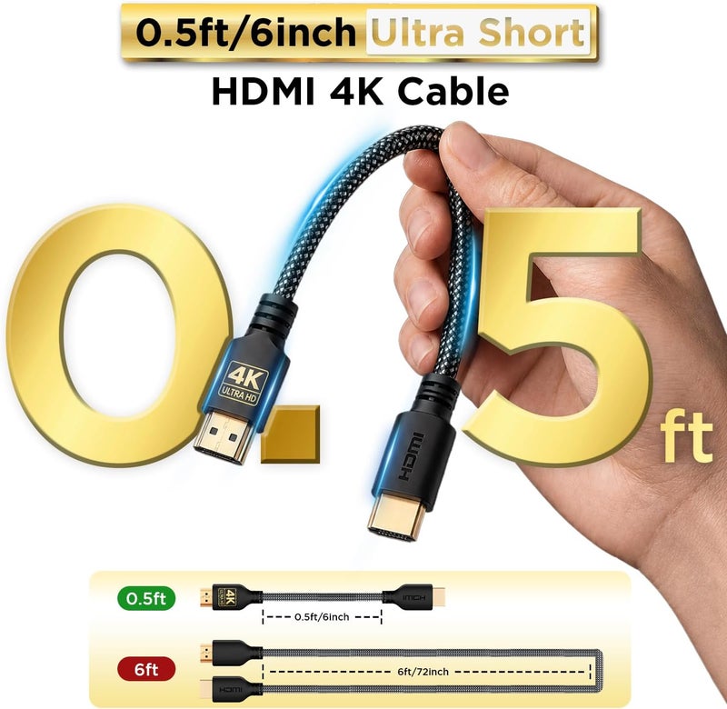 PowerBear 4K HDMI Cable 0.5 ft | Short Hdmi Cable, Braided Nylon & Gold Connectors, 4K @ 60Hz, Ultra HD, 2K, 1080P, ARC & CL3 Rated | for Laptop, Monitor, PS5, PS4, Xbox One, Fire TV, Apple TV & More - Image 2