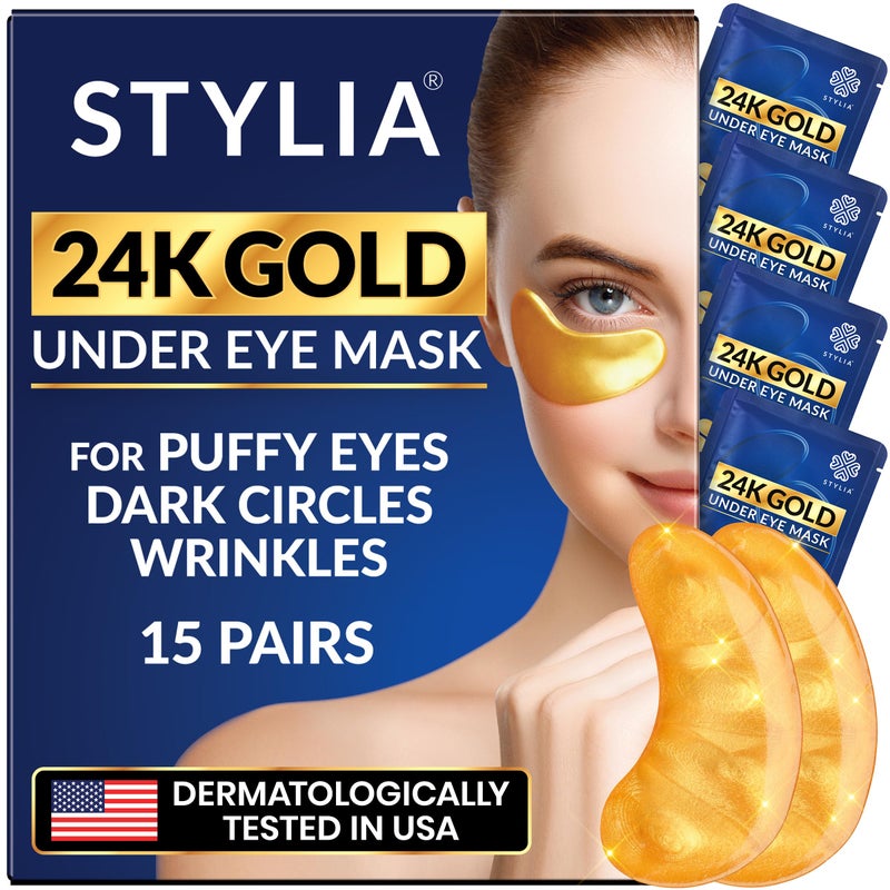 Stylia Under Eye Patches for Puffy Eyes and Dark Circles (15 Pairs) - 24k Gold Under Eye Mask with Vitamin C, Hyaluronic Acid, Pearl Extract - Eye Masks for Dark Circles and Puffiness - Image 1