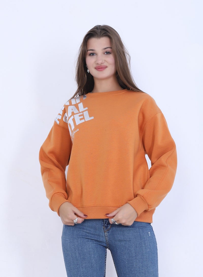 بيبو سويت شيرت نسائي بطبعة، وأكمام طويلة_اورنج - Image 1