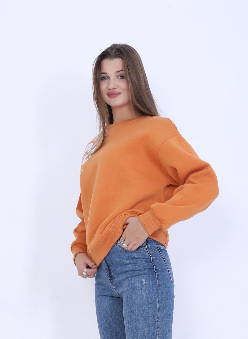 بيبو سويت شيرت نسائي بطبعة، وأكمام طويلة_اورنج - Image 2