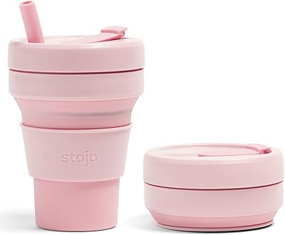 Stojo STOJO Stojo Collapsible Travel Cup With Straw - Carnation Pink, 16oz / 470ml - Reusable To-Go Pocket Size Silicone  - Image 1