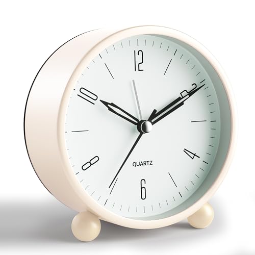 Jall Analog Alarm Clock, 4 inch Super Silent Non Ticking Small Clock with Night Light, Battery Operated, Simple Design, Old Fashioned Style Cream Decor, for Bedroom, Bedside, Desk, Adult, Kid, Gift, White - Image 1