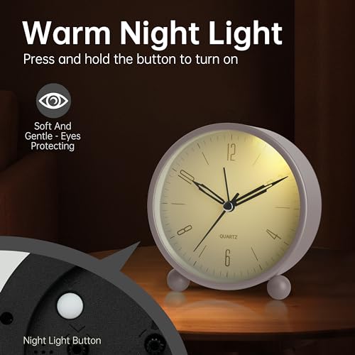 Jall Analog Alarm Clock, 4 inch Super Silent Non Ticking Small Clock with Night Light, Battery Operated, Simple Design, Old Fashioned Style Cream Decor, for Bedroom, Bedside, Desk, Adult, Kid, Gift, White - Image 4