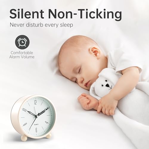 Jall Analog Alarm Clock, 4 inch Super Silent Non Ticking Small Clock with Night Light, Battery Operated, Simple Design, Old Fashioned Style Cream Decor, for Bedroom, Bedside, Desk, Adult, Kid, Gift, White - Image 2