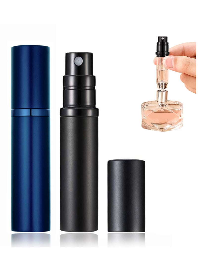 شابية عبوة من زجاجتين عطر للسفر قابلة لإعادة التعبئة سعة 5 مل، بخاخ عطر بقاعدة، زجاجة رذاذ صغيرة فارغة، عطر سفر، مستلزمات سفر جيبية، أساسيات السفر في العطلات، موزع كولونيا صغير فارغ، بخاخ جيب، أزرق وأسود - Image 1