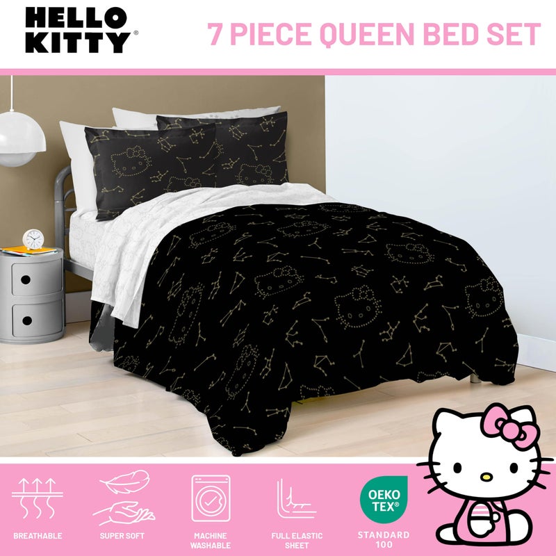 Jay Franco Hello Kitty Stars Queen Comforter Set - 7 Piece Bedding Includes Sheet Set & Pillow Covers - Super Soft Zodiac Black & Gold Bedding - Image 4
