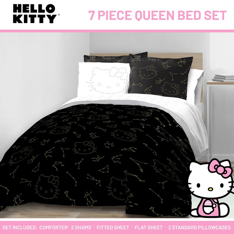 Jay Franco Hello Kitty Stars Queen Comforter Set - 7 Piece Bedding Includes Sheet Set & Pillow Covers - Super Soft Zodiac Black & Gold Bedding - Image 2