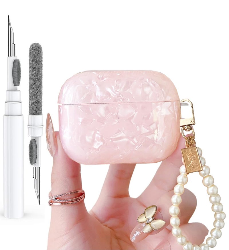 Olytop for Cute Glitter Airpods Pro 2nd/1st Generation Case with Cleaner Pen, Shell Pattern Airpods iPod Pro 2 Gen Cover Protective Skin Girl Women with Luxury Pearl Keychain 2023/2022/2019 - Pink - Image 1