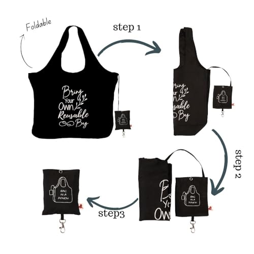 IVILLAGE Unisex Foldable Reusable Bags For Shopping And Daily Essentials|Stylish Designer Tote And Shopper Bag|Compact,Lightweight,And Eco-Friendly With 12Kg Capacity - Black - Image 3