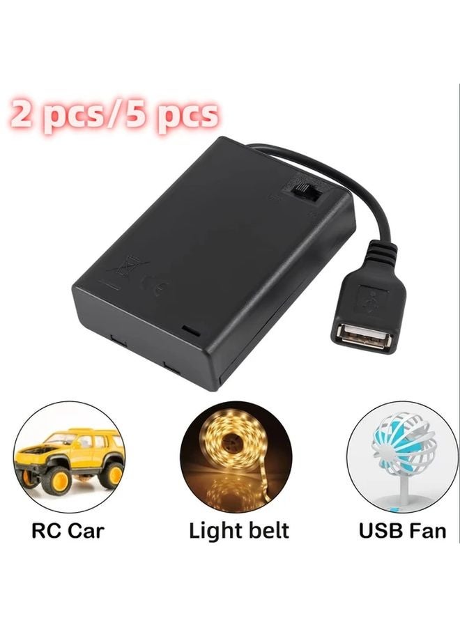 5 قطع حامل بطاريات AA أسود مع مفتاح تشغيل وإيقاف ومقبس USB أنثى - Image 2