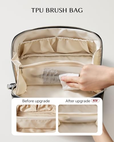 EACHY Travel Makeup Bag, Lychee Leather Large Capacity Cosmetic Bag for Women, Open Flat Toiletry Bag with TPU Brush Compartment, Waterproof Skincare Organizer Travel Essentials - Image 4