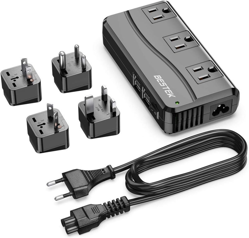 BESTEK محول سفر عالمي 100-220 فولت إلى 110 فولت محول جهد 250 واط مع 6 أمبير 4 منافذ USB و 3 مقابس AC ومحول مقبس عالمي (أسود) - Image 1