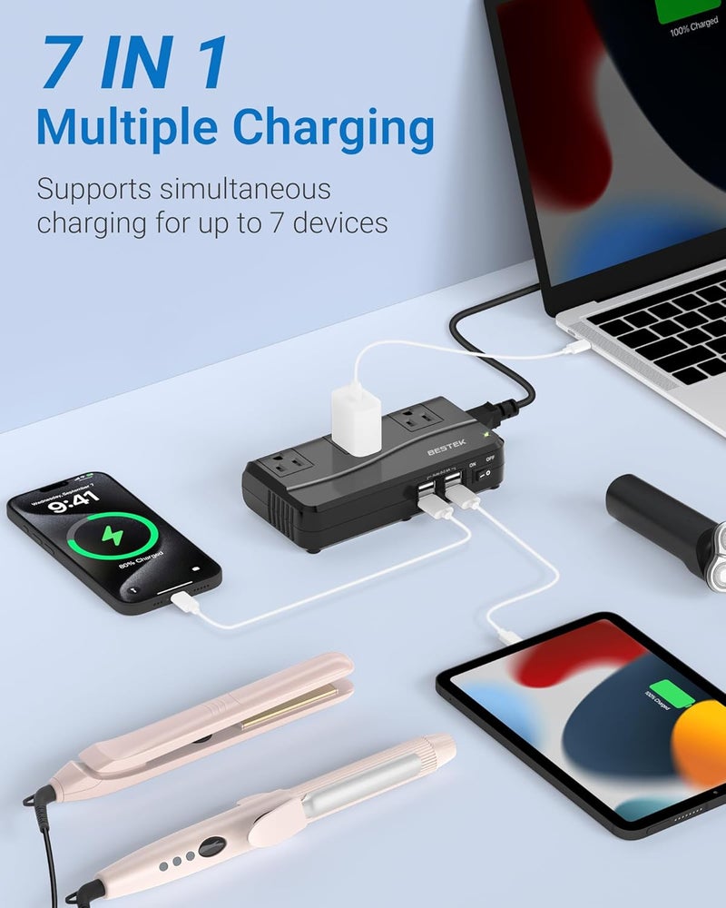 BESTEK محول سفر عالمي 100-220 فولت إلى 110 فولت محول جهد 250 واط مع 6 أمبير 4 منافذ USB و 3 مقابس AC ومحول مقبس عالمي (أسود) - Image 4