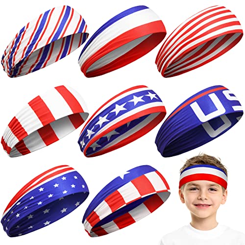 Sosation 8 Pcs 4th of July Headbands Kids Sports Headbands Boys Baseball American Flag Hair Band for Youth Players, USA Running Sweatbands for Independence Day - Image 1