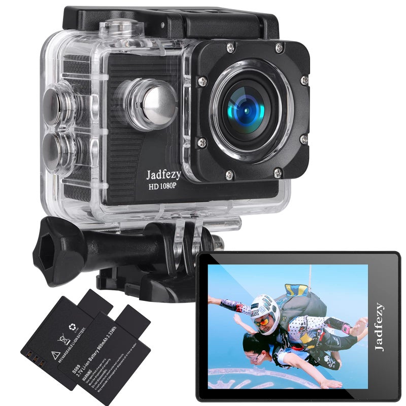 Jadfezy Action Camera FHD 1080P 12MP, 98FT/30M Underwater Waterproof Camera with 2 Batteries, Wide Angle Sports Camera with Accessories Kit Suitable for Helmet, Bicycle, etc. - Image 1