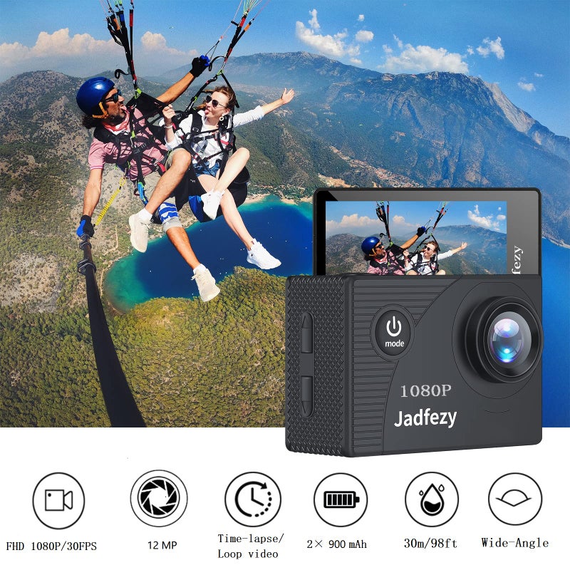 Jadfezy Action Camera FHD 1080P 12MP, 98FT/30M Underwater Waterproof Camera with 2 Batteries, Wide Angle Sports Camera with Accessories Kit Suitable for Helmet, Bicycle, etc. - Image 2