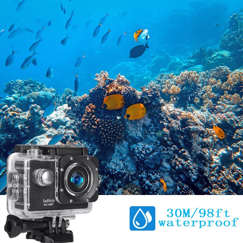 Jadfezy Action Camera FHD 1080P 12MP, 98FT/30M Underwater Waterproof Camera with 2 Batteries, Wide Angle Sports Camera with Accessories Kit Suitable for Helmet, Bicycle, etc. - Image 3