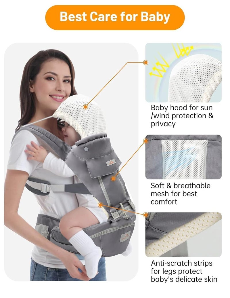 Mumgaroo Baby Carrier with Hip Seat, 6 in 1 Baby Carrier Newborn to Toddler, Adjustable Infant Carrier with Hood, All Seasons & All Position Baby Holder Carrier for Breastfeeding - Image 5