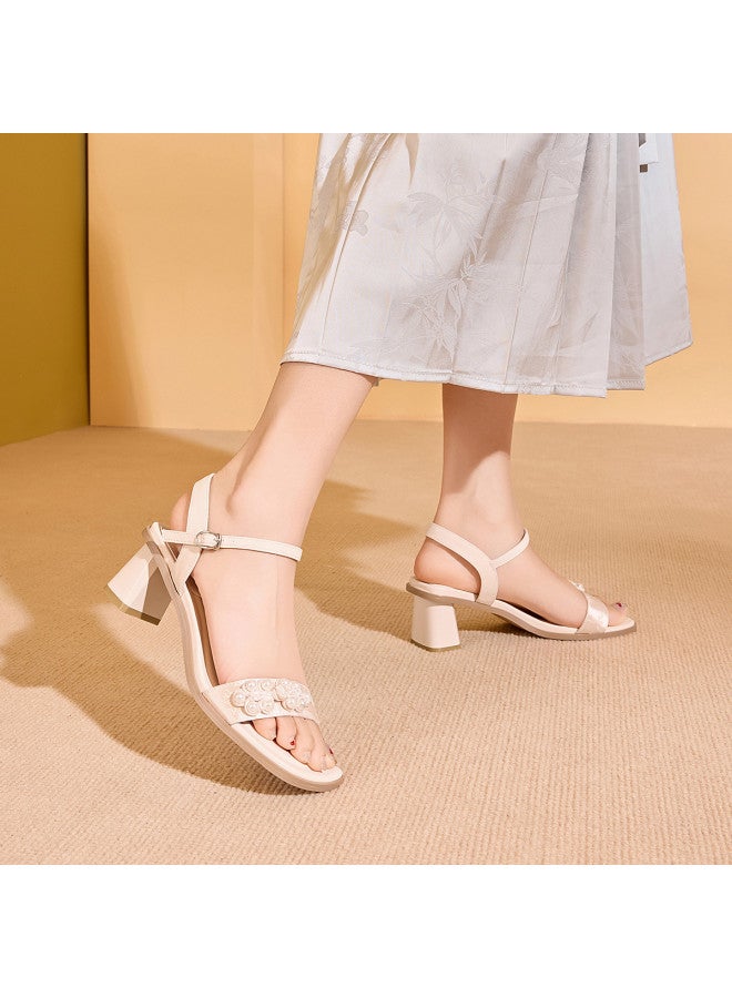 Josiny Women's High-heeled Single-strap Sandals For Summer, Paired With Dresses, Elegant Chinese Style Pearl Decorations, Chunky Heels, Comfortable Outdoor Wear Sandals - Image 5