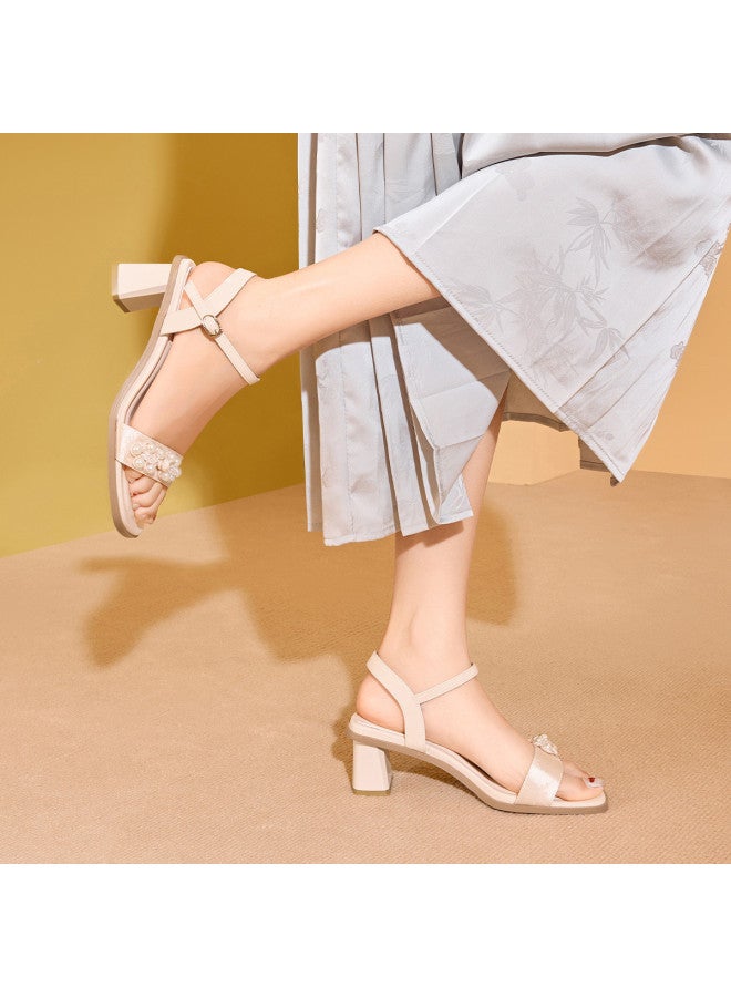 Josiny Women's High-heeled Single-strap Sandals For Summer, Paired With Dresses, Elegant Chinese Style Pearl Decorations, Chunky Heels, Comfortable Outdoor Wear Sandals - Image 4