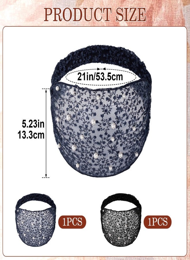 Lekgavd 2PCS Lace Wide Headband for Women, Artificial Pearl Flower Lace Boho Headbands, Elastic Head Wraps, Exquisite Hair Accessories for Festival, Parties, Holiday, Daily Use- Black, Navy Blue - Image 2