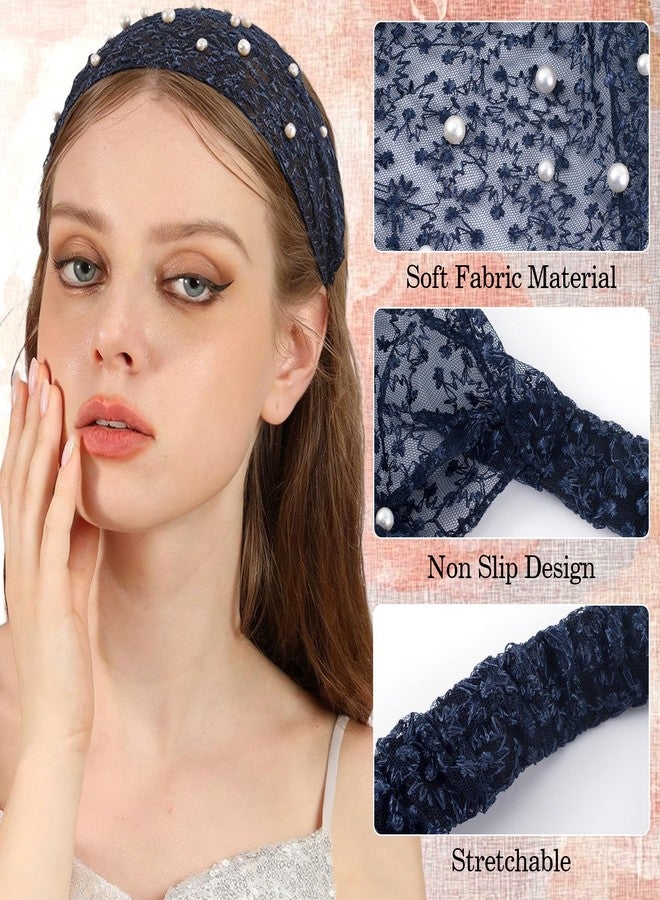 Lekgavd 2PCS Lace Wide Headband for Women, Artificial Pearl Flower Lace Boho Headbands, Elastic Head Wraps, Exquisite Hair Accessories for Festival, Parties, Holiday, Daily Use- Black, Navy Blue - Image 3