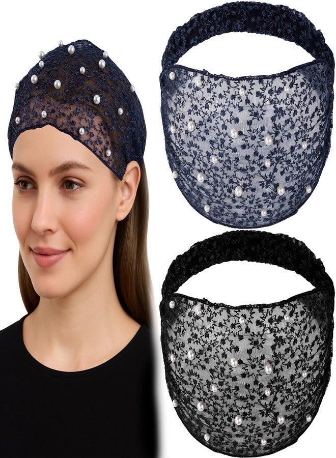 Lekgavd 2PCS Lace Wide Headband for Women, Artificial Pearl Flower Lace Boho Headbands, Elastic Head Wraps, Exquisite Hair Accessories for Festival, Parties, Holiday, Daily Use- Black, Navy Blue - Image 1