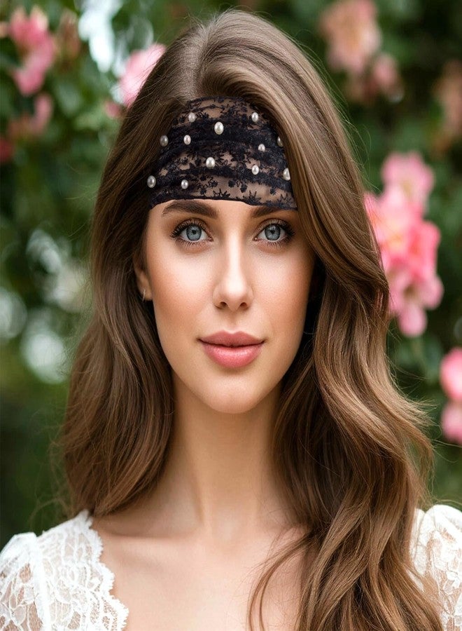 Lekgavd 2PCS Lace Wide Headband for Women, Artificial Pearl Flower Lace Boho Headbands, Elastic Head Wraps, Exquisite Hair Accessories for Festival, Parties, Holiday, Daily Use- Black, Navy Blue - Image 5