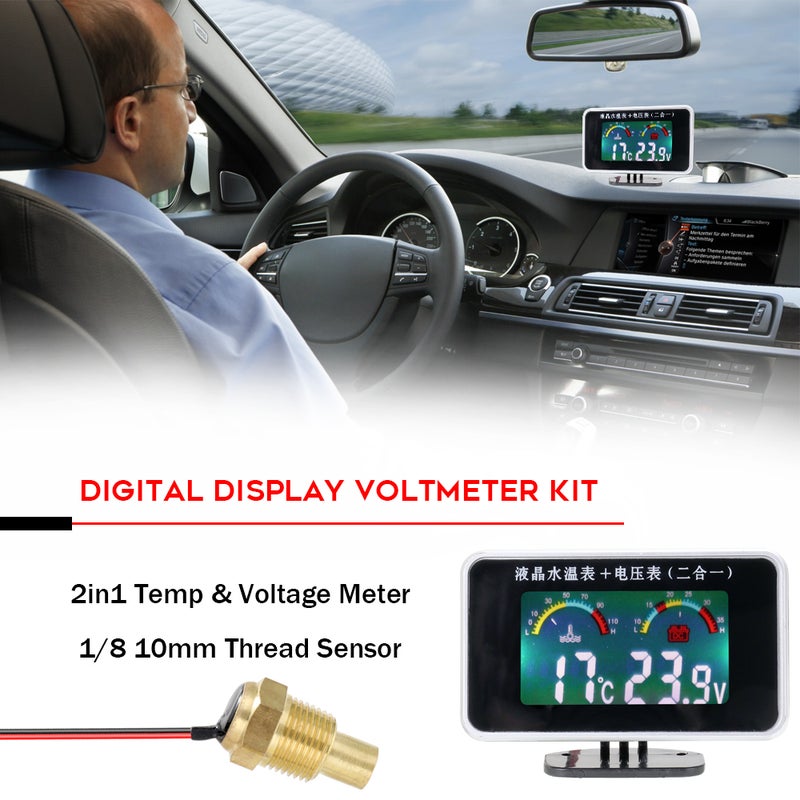 Car LCD Digital Display Water Temperature Meter Thermometer Voltmeter Gauge 2in1 Temp & Voltage Meter 1/8 10mm Thread Sensor - Image 2