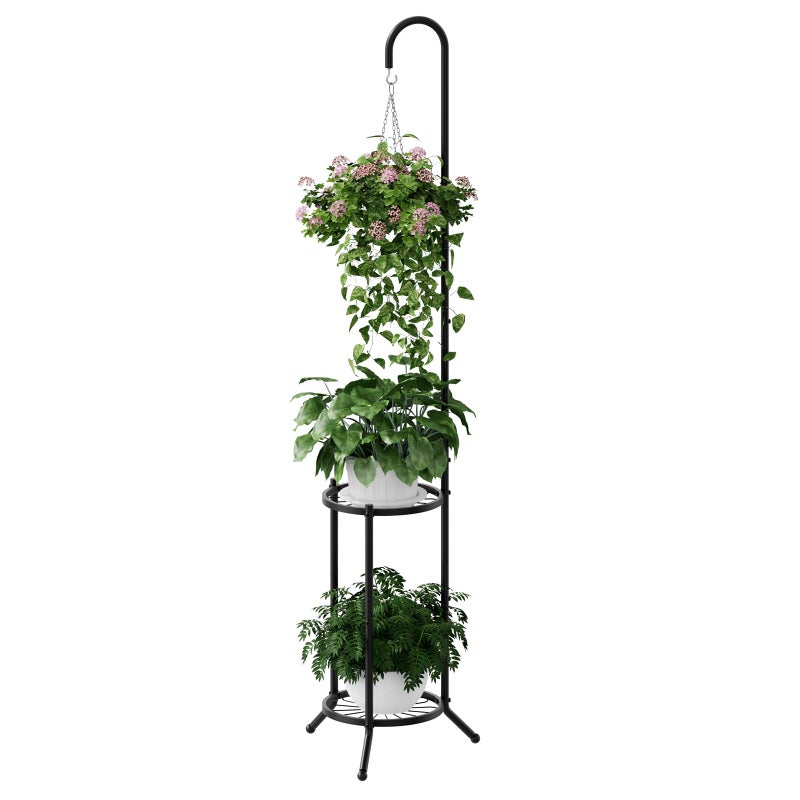 PULIJIAJU 2-tier Hanging Plant Stand Indoor and Outdoor, Space-Saving Iron Plant Shelf, 3 Potted Flower Pot Stand ,Planter Holder for Bedroom Balcony Living Room Patio Garden(Hook Style) - Image 1