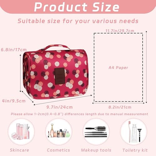 YEMEDA Toiletry Bag Travel Bag with Hanging Hook Waterproof Capacity Hanging Multifunctional Makeup Bag for Toiletries Portable Cosmetic Bag Travel Organizer for Women and MenWine Red FLower - Image 3