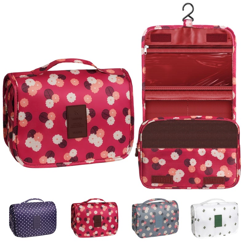 YEMEDA Toiletry Bag Travel Bag with Hanging Hook Waterproof Capacity Hanging Multifunctional Makeup Bag for Toiletries Portable Cosmetic Bag Travel Organizer for Women and MenWine Red FLower - Image 2
