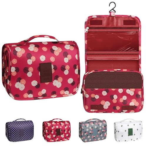YEMEDA Toiletry Bag Travel Bag with Hanging Hook Waterproof Capacity Hanging Multifunctional Makeup Bag for Toiletries Portable Cosmetic Bag Travel Organizer for Women and MenWine Red FLower - Image 1