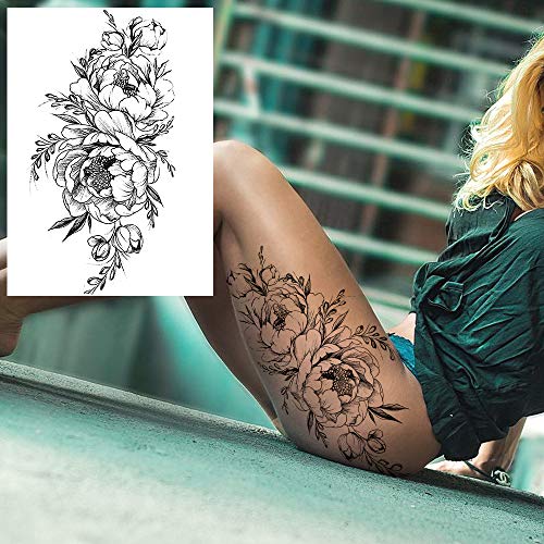 COKTAK 6 Pieces/Lot 3D Realistic Large Black Rose Flower Temporary Tattoos For Women Body Art Arm Big Peony Geometric Tattoo Stickers Adults Fake Waterproof Tatoo Legs Sketch Sexy Girl Peach Lily - Image 2