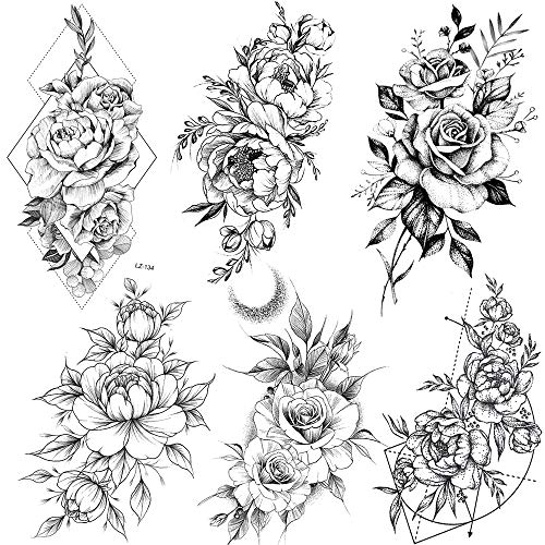 COKTAK 6 Pieces/Lot 3D Realistic Large Black Rose Flower Temporary Tattoos For Women Body Art Arm Big Peony Geometric Tattoo Stickers Adults Fake Waterproof Tatoo Legs Sketch Sexy Girl Peach Lily - Image 1