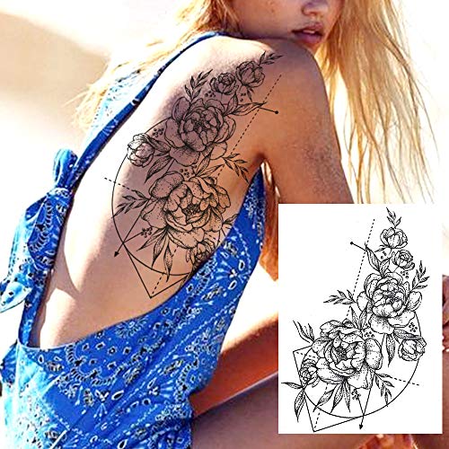 COKTAK 6 Pieces/Lot 3D Realistic Large Black Rose Flower Temporary Tattoos For Women Body Art Arm Big Peony Geometric Tattoo Stickers Adults Fake Waterproof Tatoo Legs Sketch Sexy Girl Peach Lily - Image 3