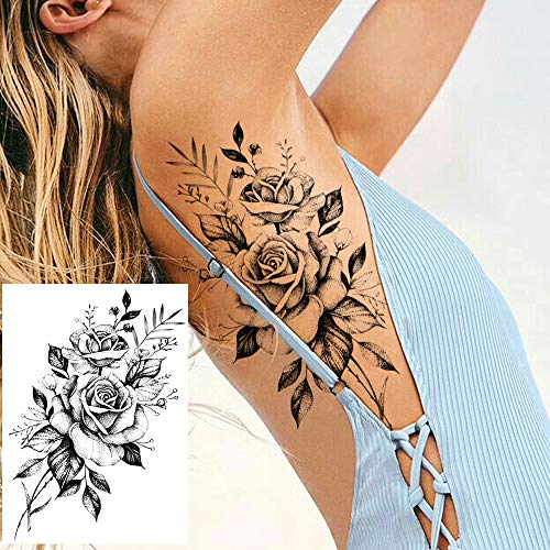 COKTAK 6 Pieces/Lot 3D Realistic Large Black Rose Flower Temporary Tattoos For Women Body Art Arm Big Peony Geometric Tattoo Stickers Adults Fake Waterproof Tatoo Legs Sketch Sexy Girl Peach Lily - Image 4