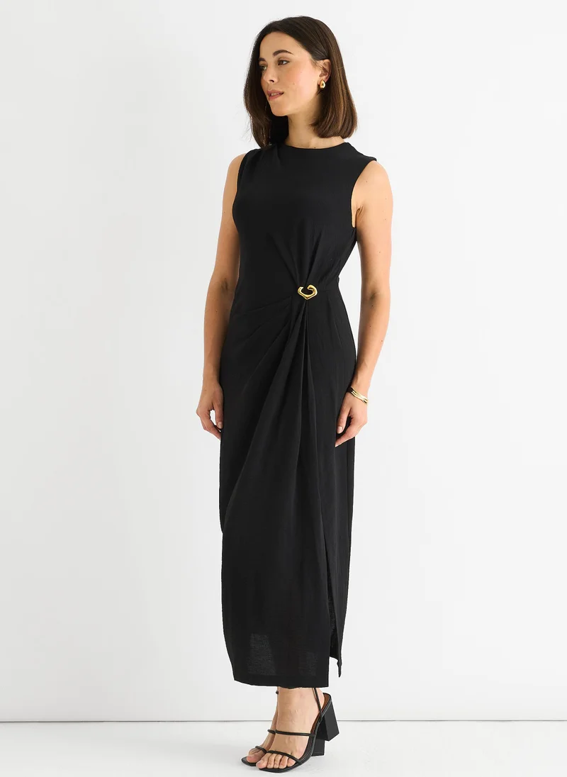 Gini London  Black Waist Ruched Metal Trim Sleeveless Midi Dress for Women | Best Price UAE