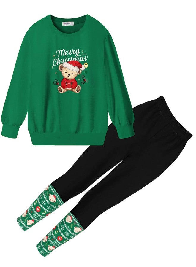 Arshiner Girls Clothing Sets Christmas 2 Piece Outfits Green Print Pullover Sweatshirts and Legging Pants Winter Sweatsuits 6-7 Years - Image 1