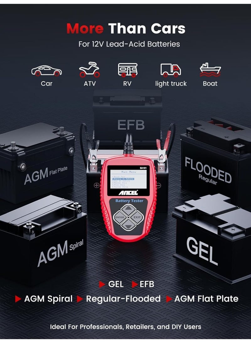 ANCEL BA101 Car Battery Tester 12V - Digital Automotive Batteries & Alternator Diagnostic Tool, 100-2000 CCA Load Capacity, Charging & Cranking Analysis for Motorcycle, Truck, Boat, RV, Marine & More - Image 5